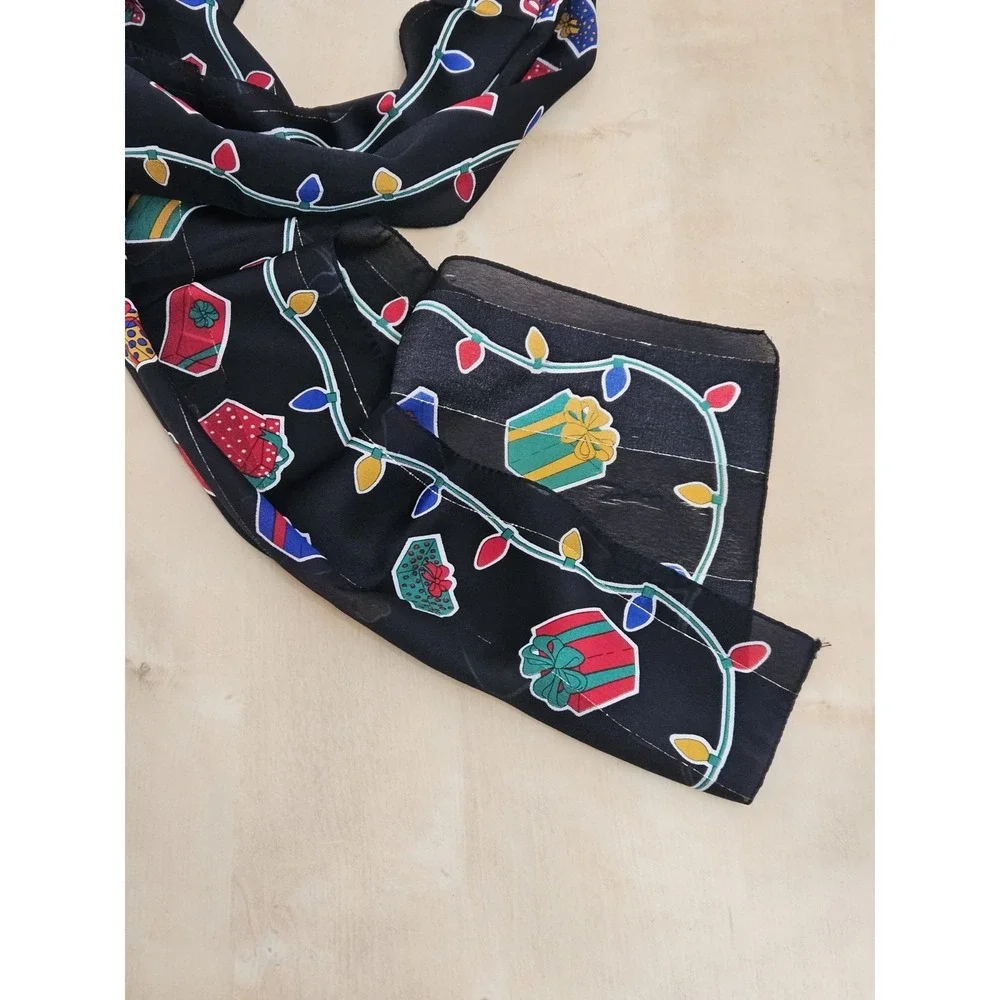Christmas Scarf Black Sheer Lightweight Holiday Presents String Lights Wrap Vtg